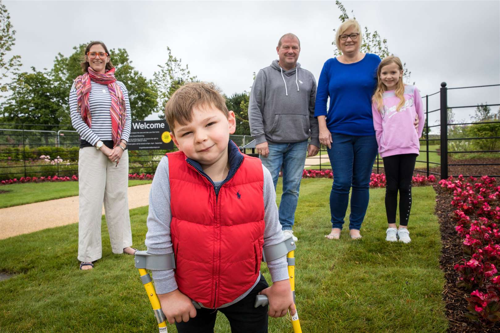 Tony Hudgell, five, with Jane Harrison, mum and dad Mark and Paula Hudgell, and sister Lacey Hudgell, eight