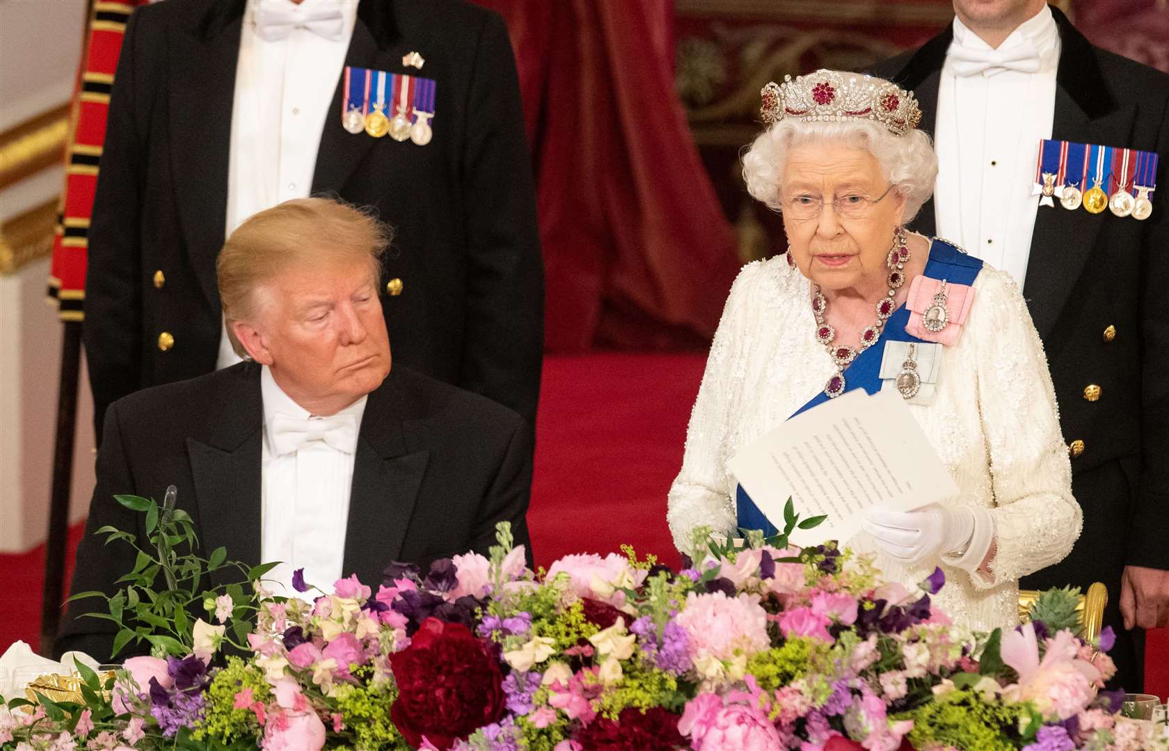 The Queen wearing the ruby and diamond Burmese tiara at the banquet for Donald Trump (Dominic Lipinski/PA)