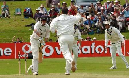 Kent's new boy Andrew Hall clean bowls Phil Weston at The Mote today. Picture: BARRY GOODWIN