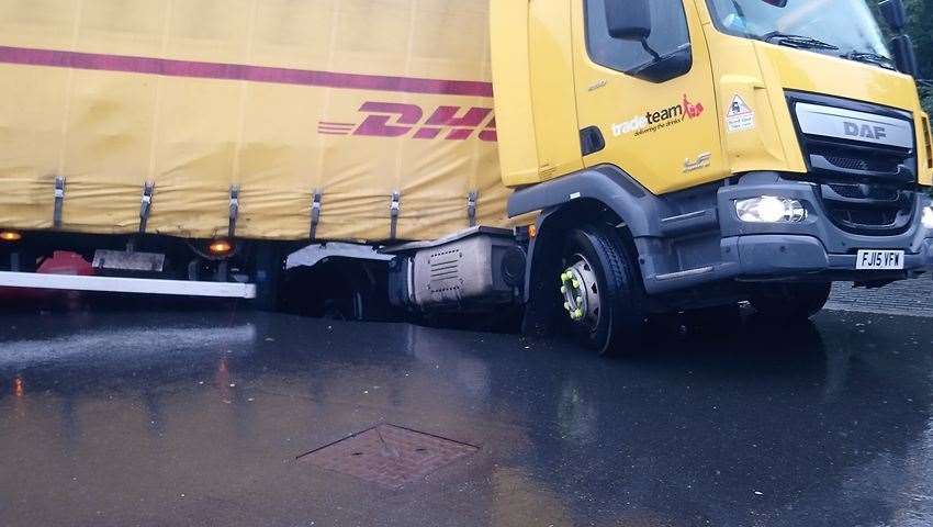 The lorry has fallen into a sink hole outside the Toby Carvery. Picture: Anna Allen (17401793)