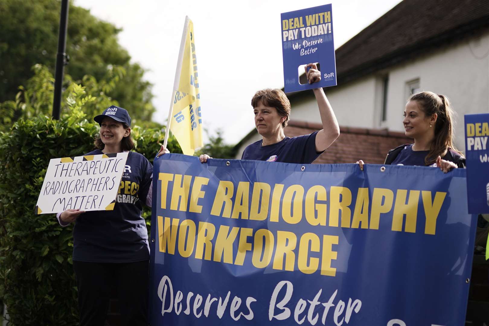 Members of the Society of Radiographers on the picket line outside the Royal Marsden Hospital in Sutton (Jordan Pettitt/PA)