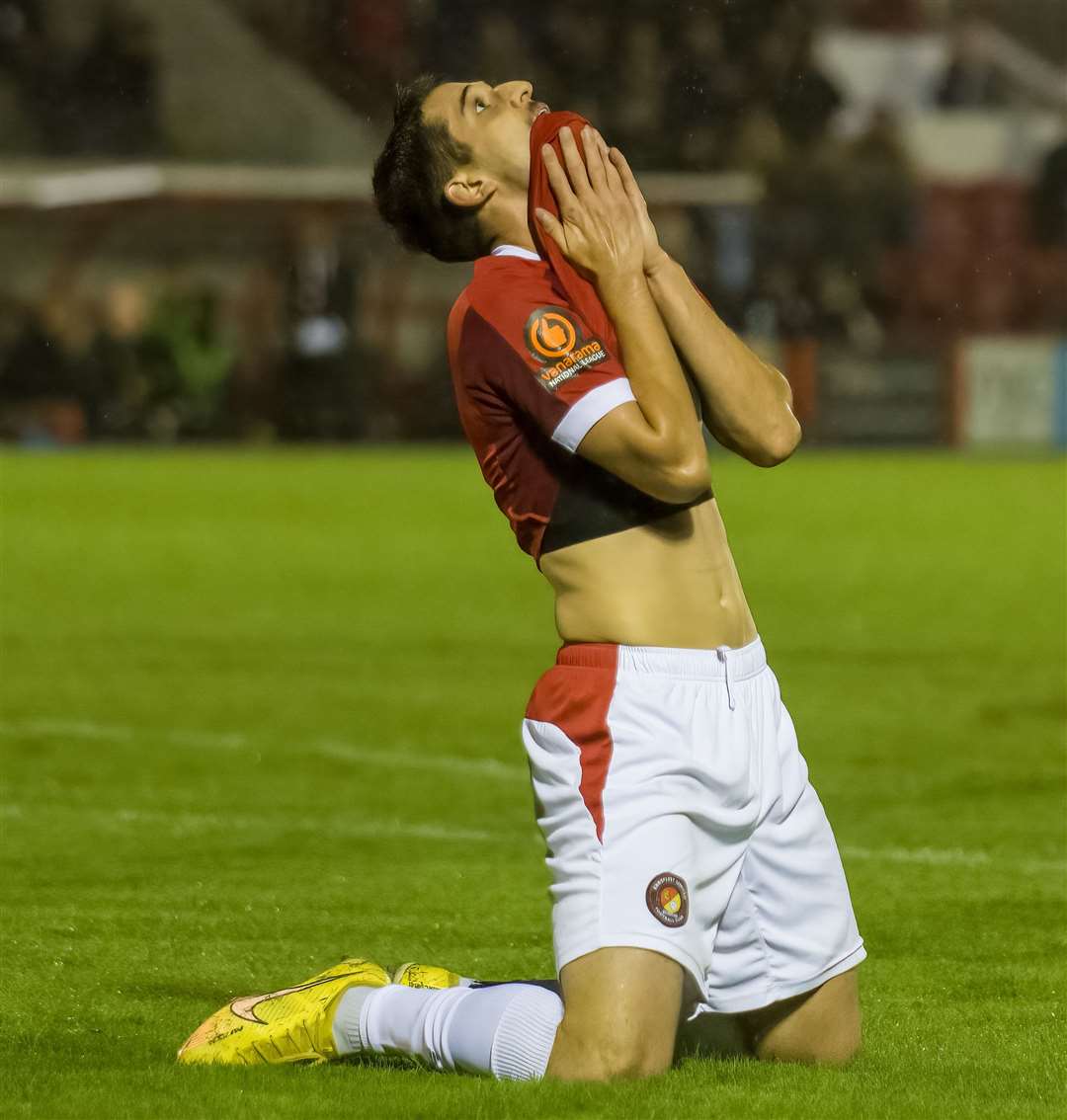 Ebbsfleet’s Franklin Domi can’t believe his shot has gone narrowly wide against Aldershot. Picture: Ed Miller/EUFC