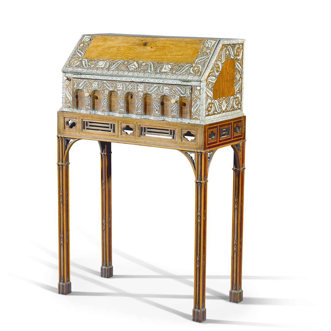 A rare Anglo-Indian inlaid bureau mounted on a mahogany stand supplied by Thomas Chippendale to Sir Edward Knatchbull in 1767 (est. £40,000-60,000)