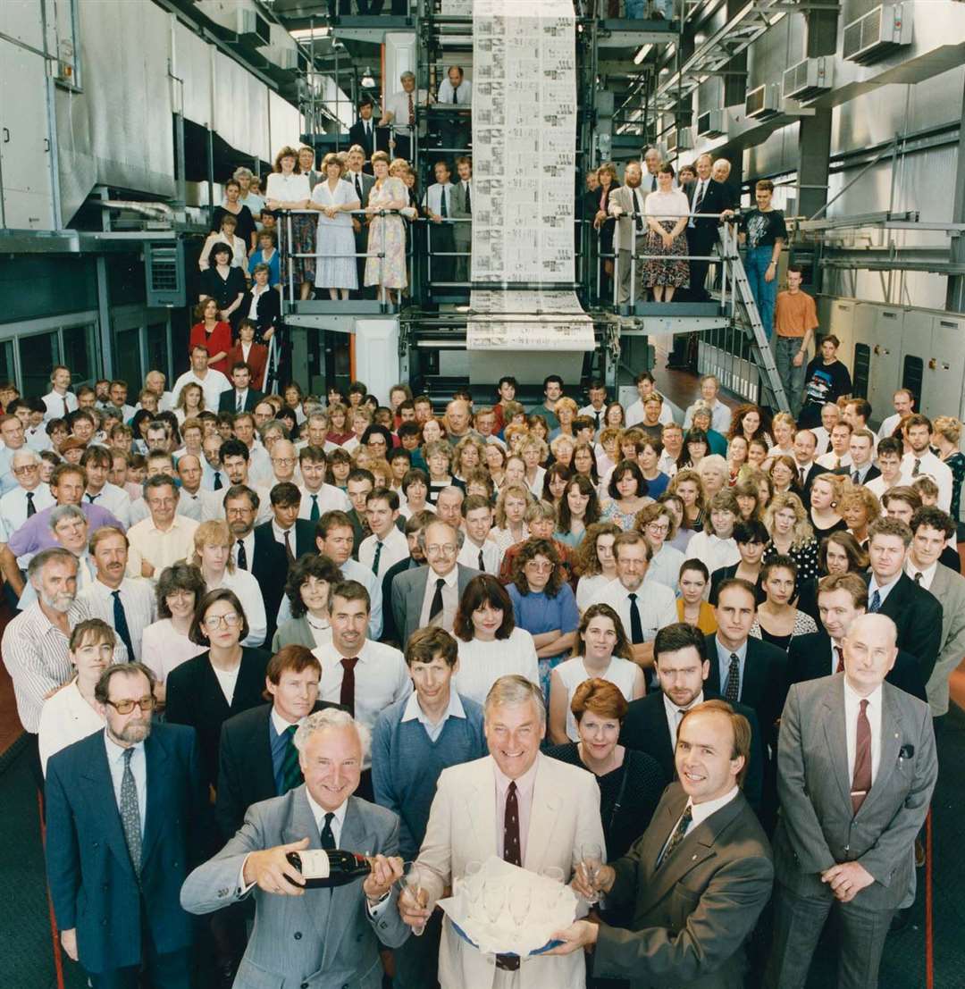 Team shot of KM staff in the new print room at its former Larkfield base in 1992