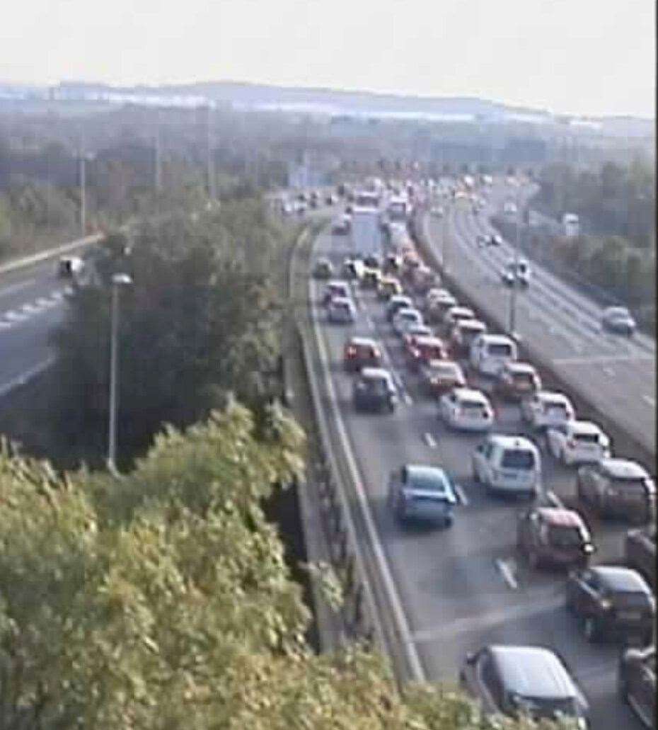 One lane is closed and the entrance to a slip road is blocked after a spillage on the M25. Picture: National Highways