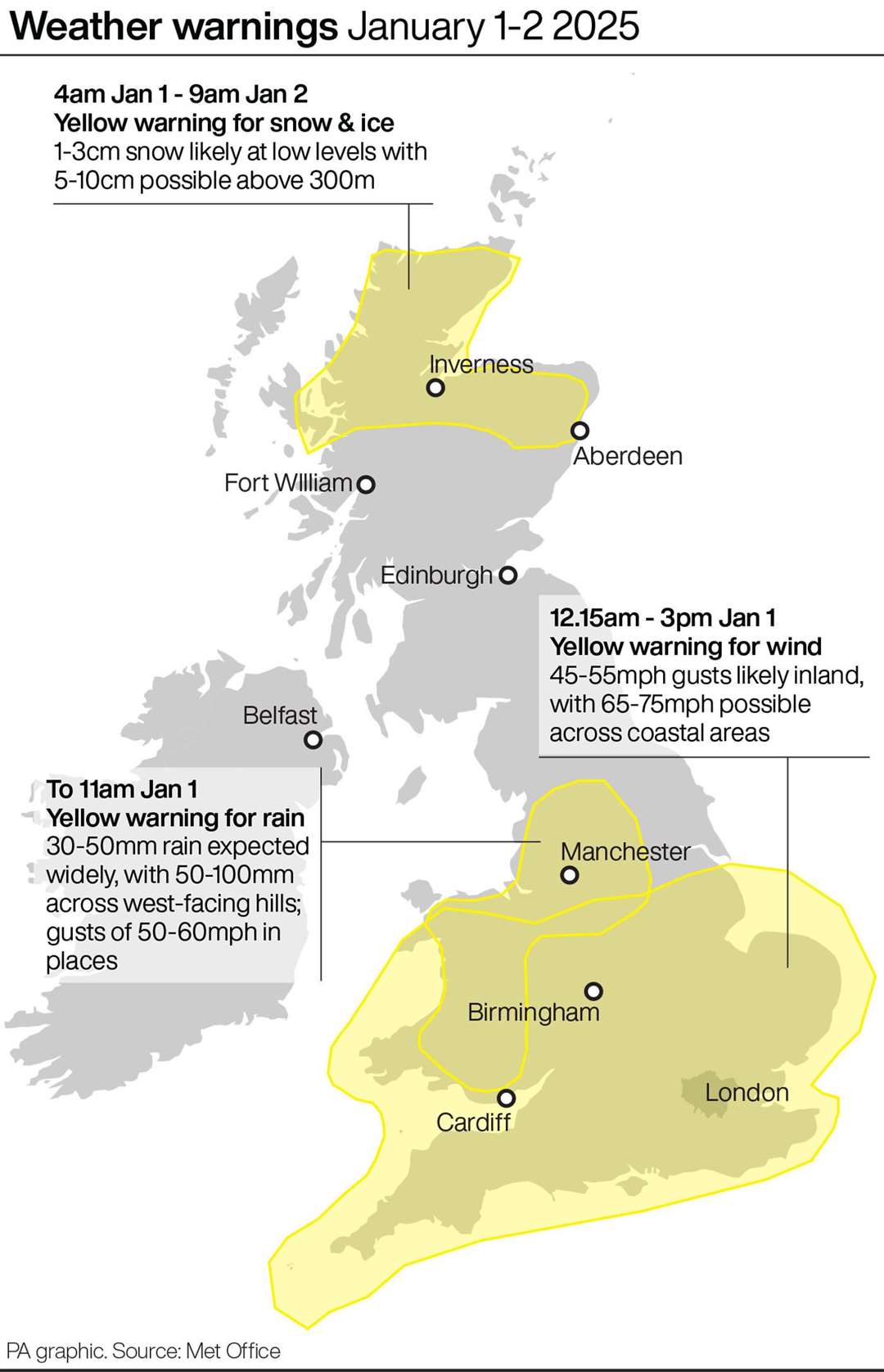 Weather warnings for January 1-2 2025 (PA Graphics)