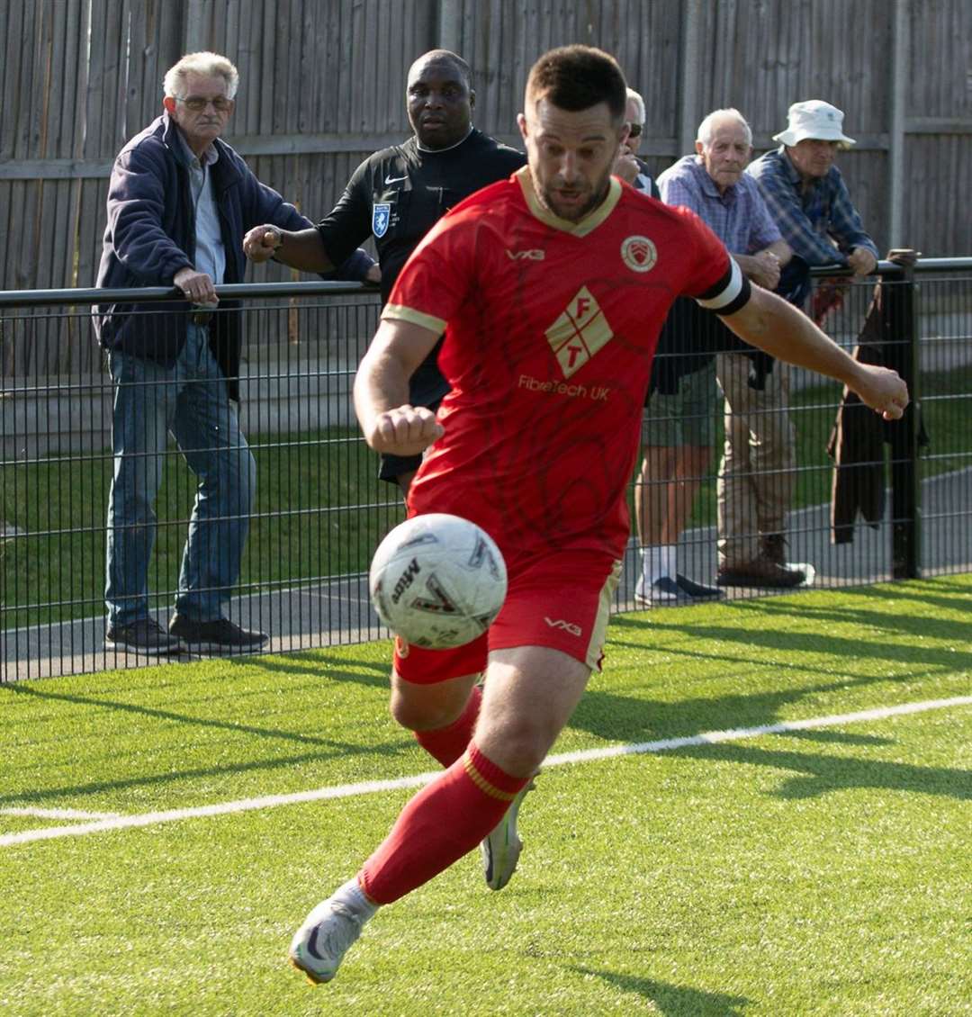 Mike West in action in Whitstable’s 1-0 FA Vase victory at the weekend - before he was sent-off in their midweek league loss. Picture: Les Biggs