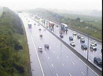 The M25 anticlockwise is queueing after the exit road to junction 1B was closed due to a gas leak. Picture: Highways England