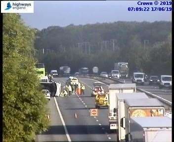 M20 London bound reopens after van overturns near Detling