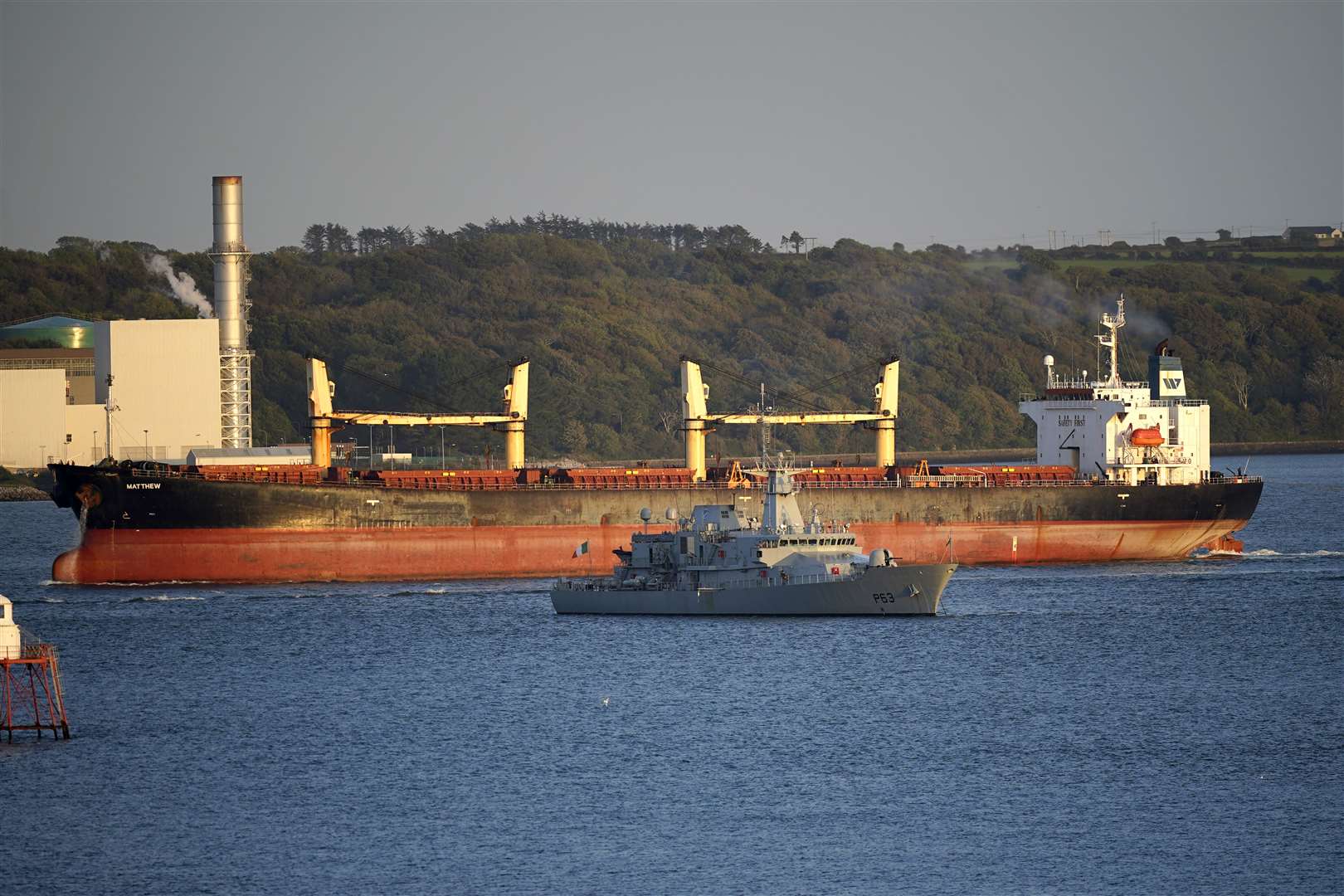 The cargo vessel MV Matthew is escorted into Cobh in Cork by the Irish navy (Niall Carson/PA)