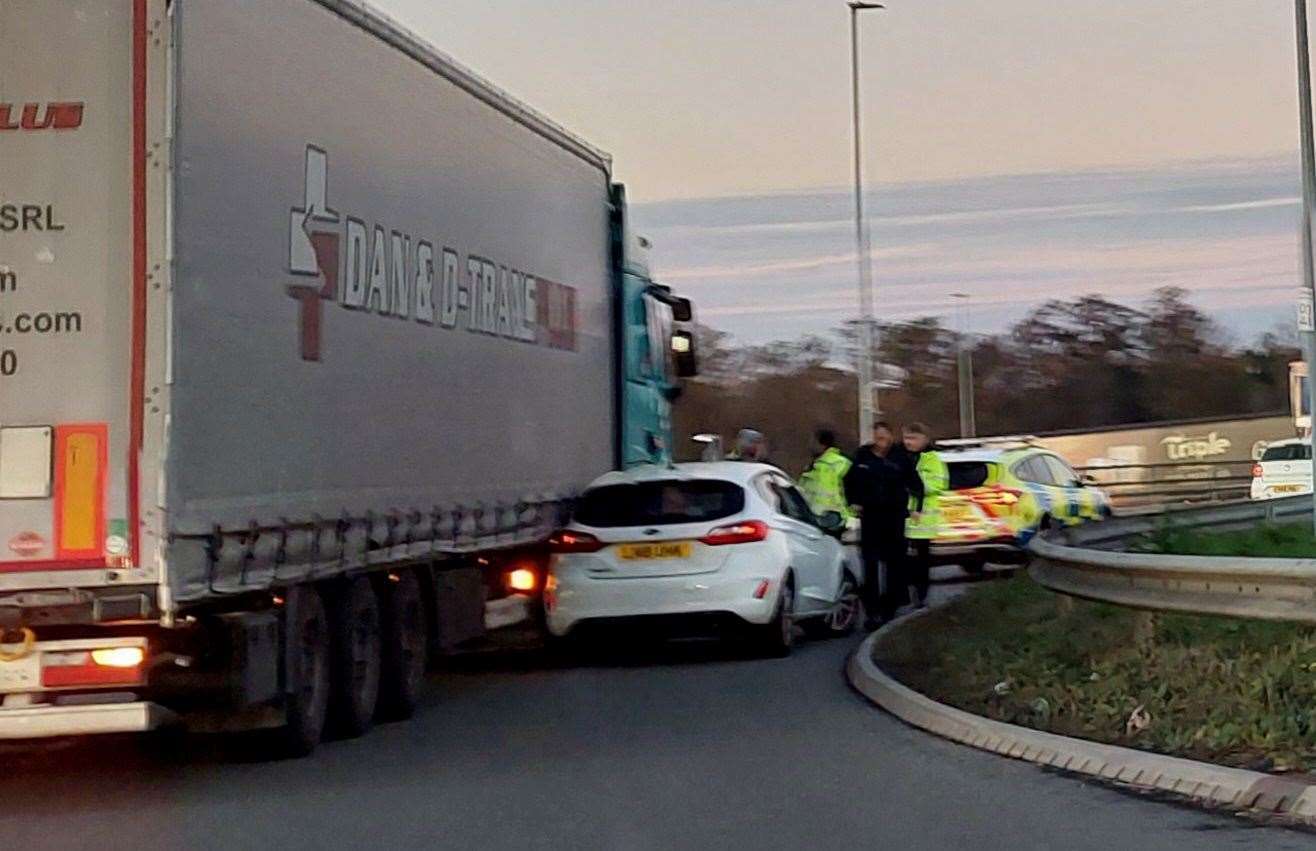 Ford Fiesta and lorry collide on Junction 10a roundabout near M20 ...