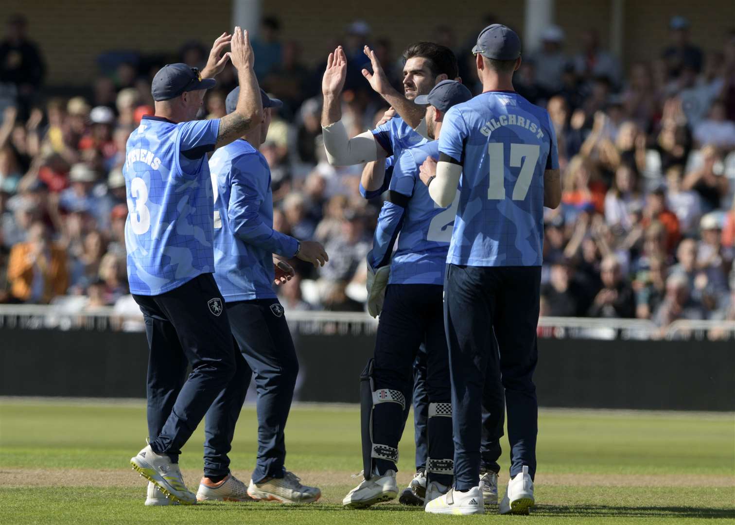 Kent celebrate an early breakthrough as Grant Stewart removes Luke Wells. Picture: Barry Goodwin