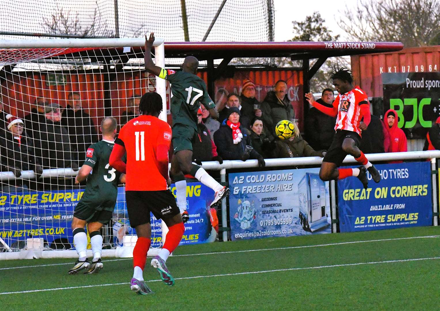 Eitel Goueth heads home Sheppey's equaliser during their 2-1 home defeat to Ashford on Saturday. Picture: Marc Richards