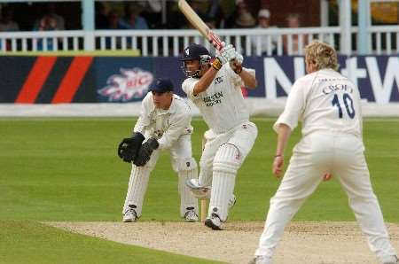 Andrew Hall drives Robert Croft powerfully through the covers Picture: BARRY GOODWIN