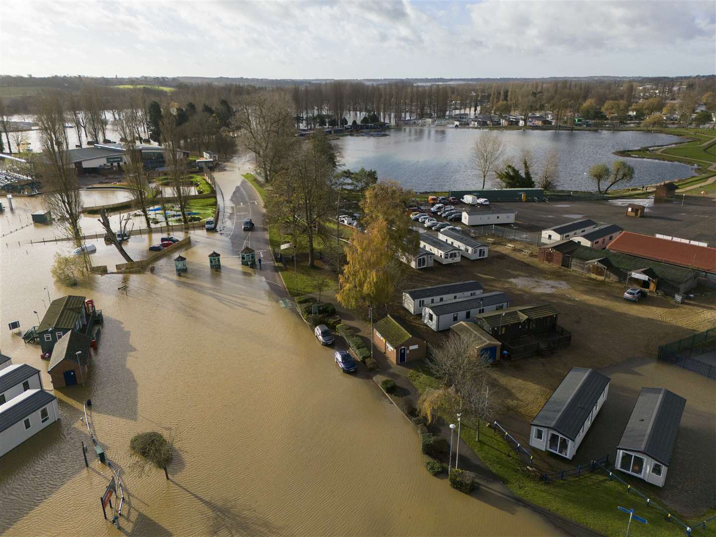 Floodwater covers parts of the Billing Aquadrome (Jordan Pettitt/PA)