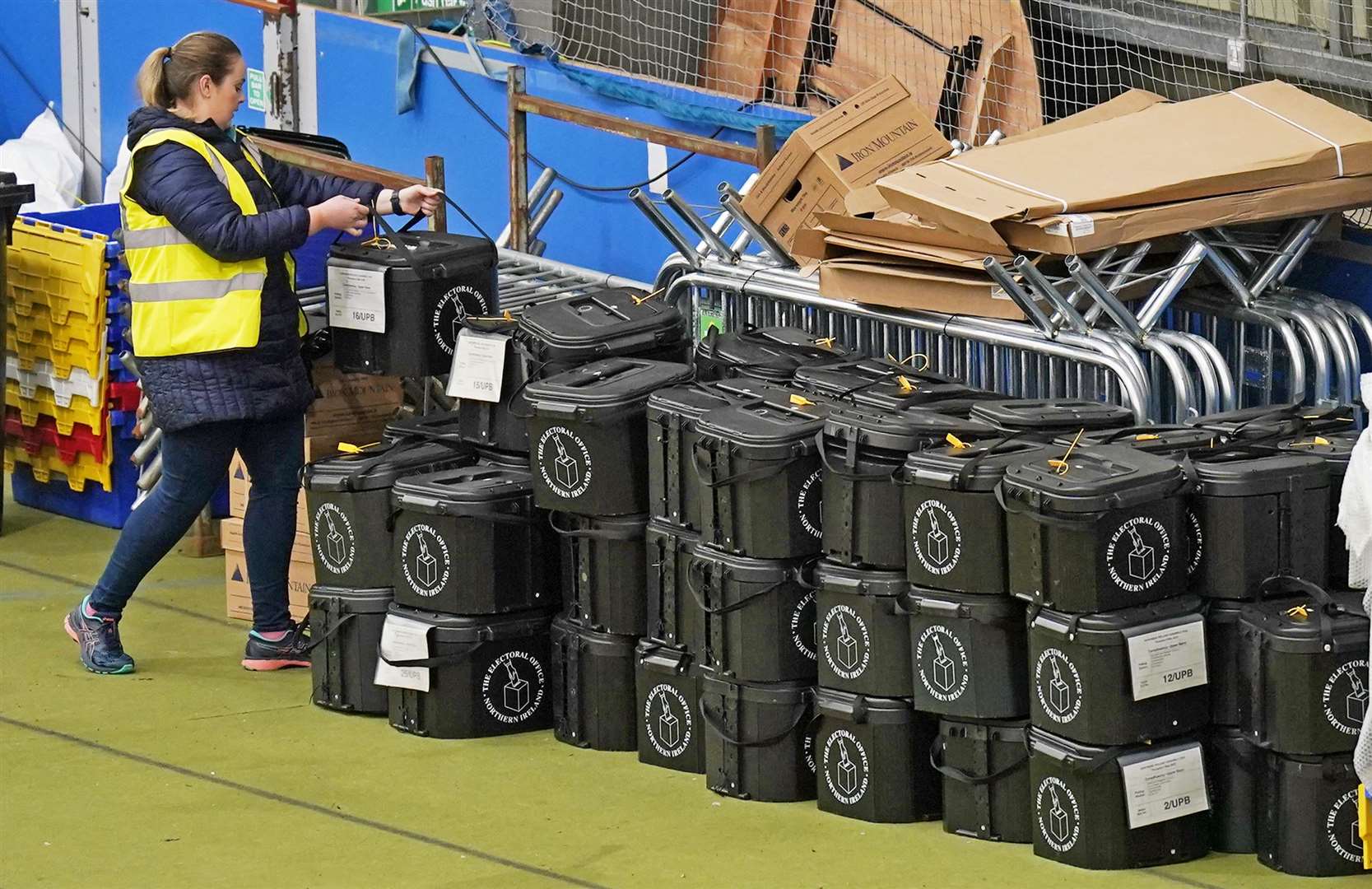 Ballot boxes are staked at the Northern Ireland Assembly Election count centre at Meadowbank Sports arena in Magherafelt in Co County Londonderry (Niall Carson/PA)