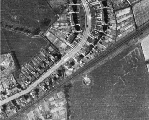 An RAF photograph from 1946 showing the rocket crater