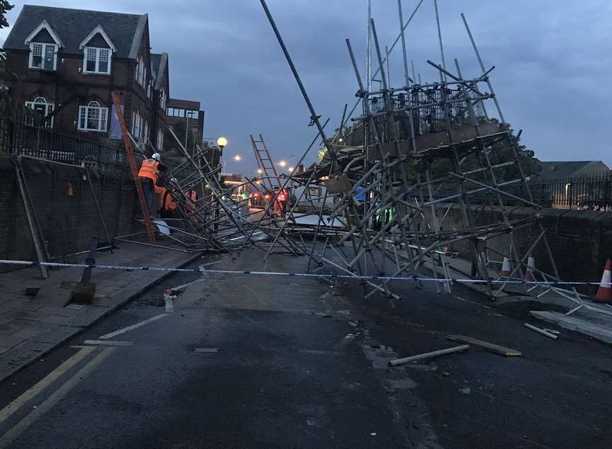 The scaffolding can clearly be seen blocking the road. Picture: Kent Police Gravesham