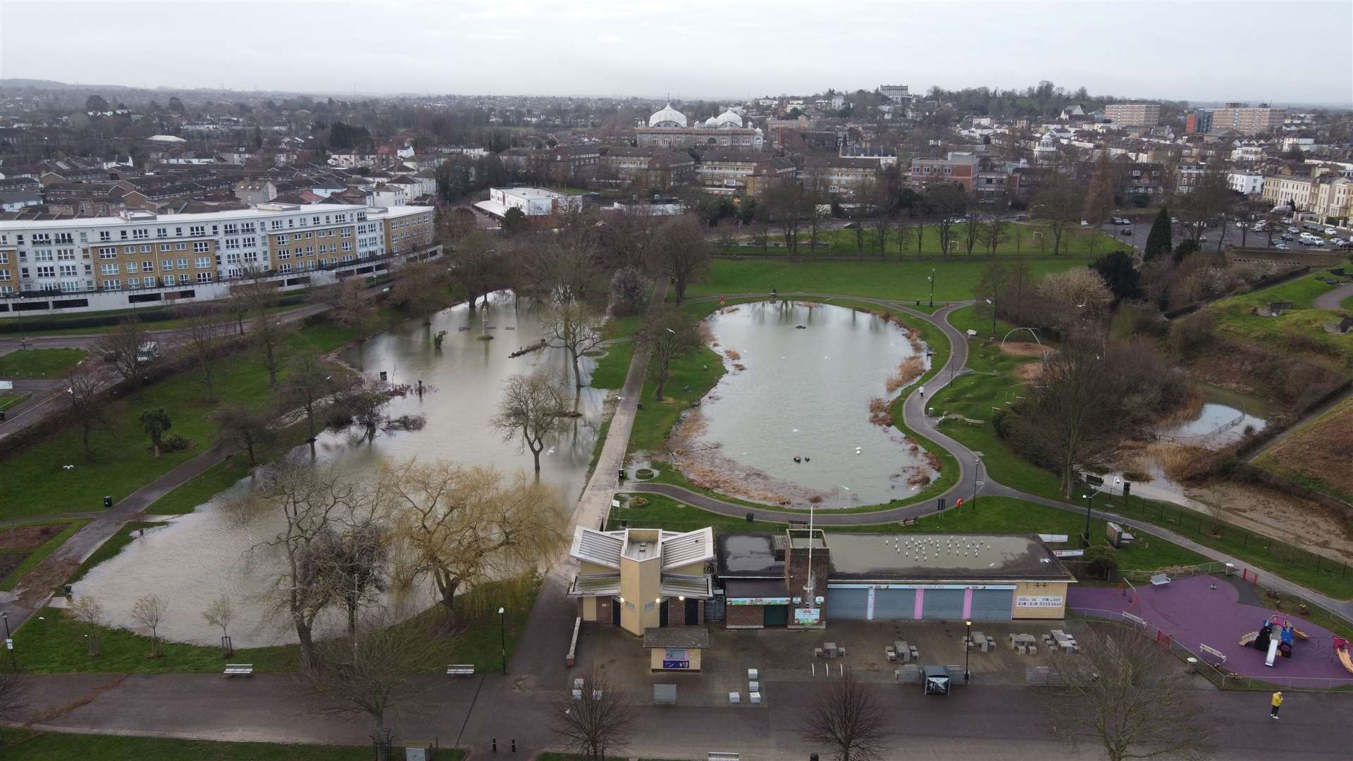 Flood alerts are in placer across Kent including Gravesend riverside, pictured, which has been badly affected. Photo Jason Arthur