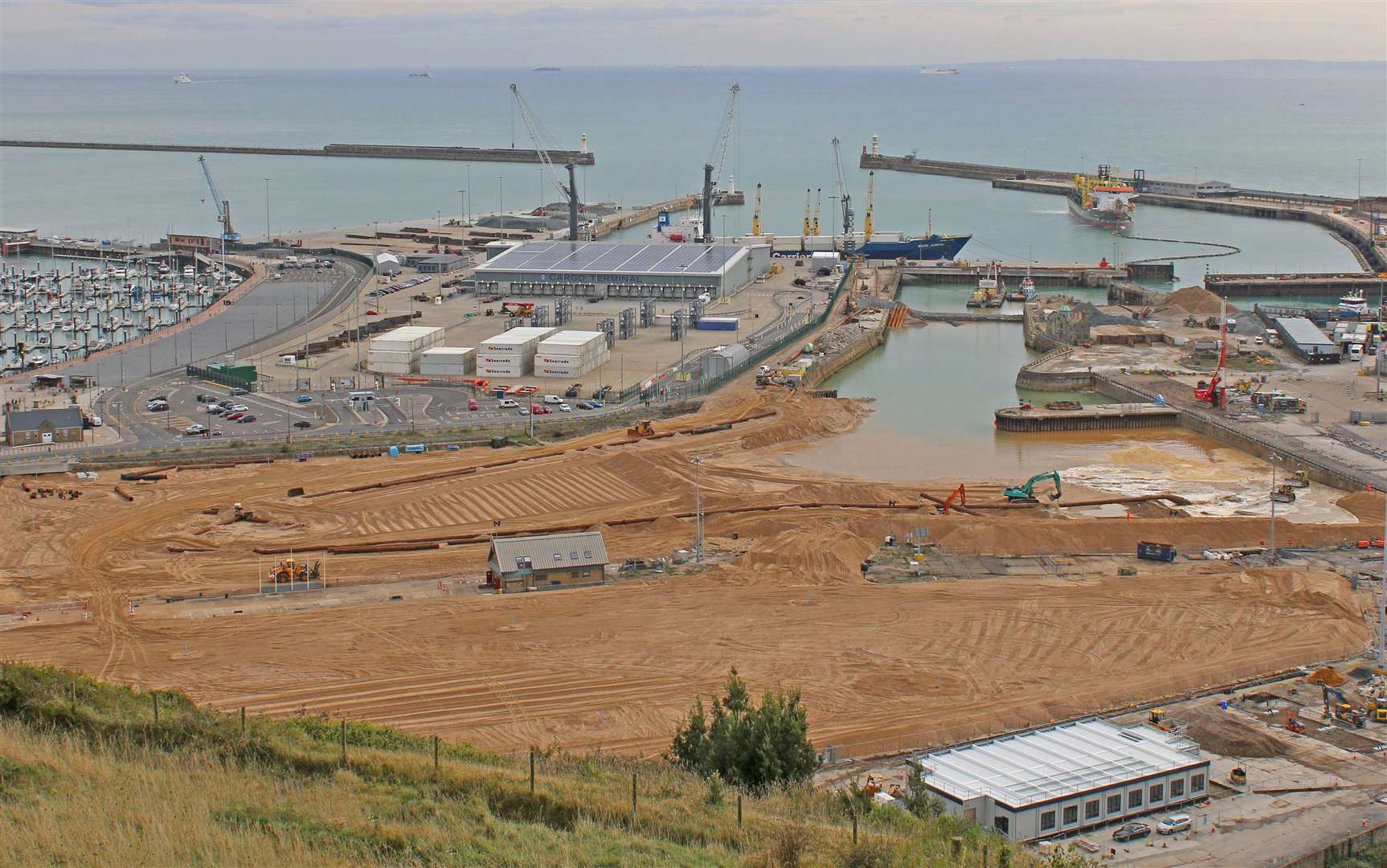 Work to infill Granville Dock in Dover is continuing ahead of the new Entry/Exit System rules. Picture: Dover Strait Shipping - Foto Flite