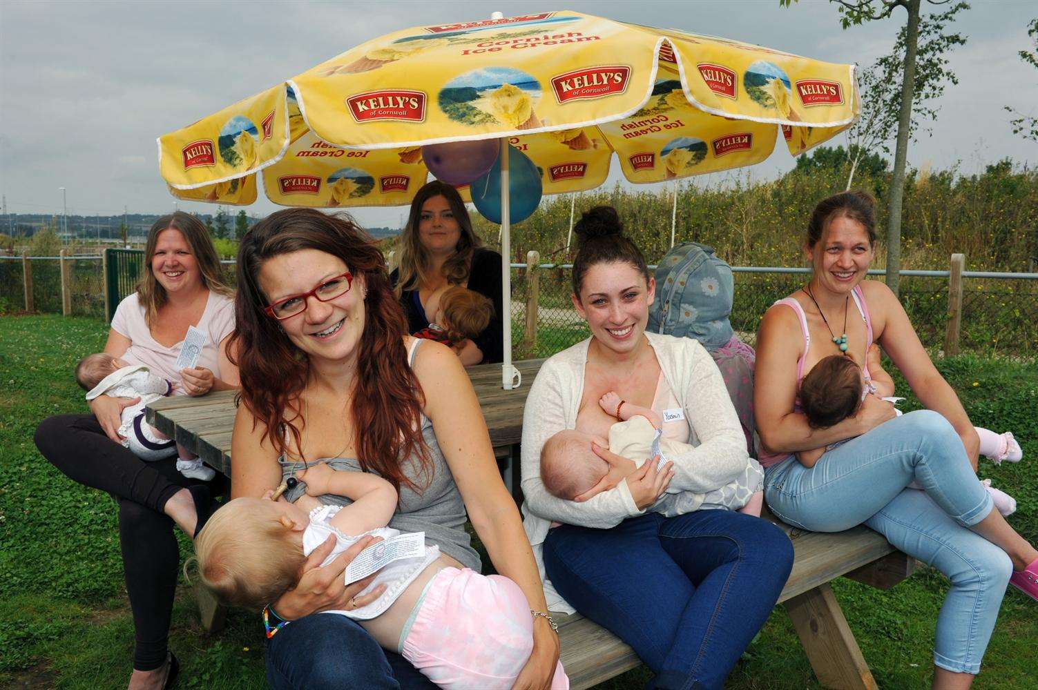 Natasha Lyne with 7 week old Samiah, Ally Aitken with 1 year old Charlotte, Ilia Percival with 22 month old Charles, Yasmine Malcolm with 7 month old Lily and Marie Godden with 8 month old Jasmine Sandhu