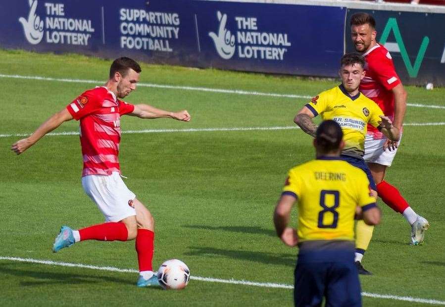 Greg Cundle scores for Ebbsfleet against Farnborough last Saturday. Picture: Ed Miller/EUFC