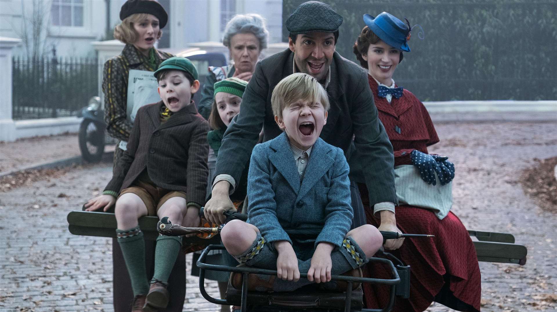 Emily Mortimer as Jane Banks, Nathanael Saleh as John Banks, Pixie Davies as Annabel Banks, Julie Walters as Ellen, Lin-Manuel Miranda as Jack, Joel Dawson as Georgie Banks and Emily Blunt as Mary Poppins. Picture: PA Photo/Disney Enterprises, Inc./Jay Maidment