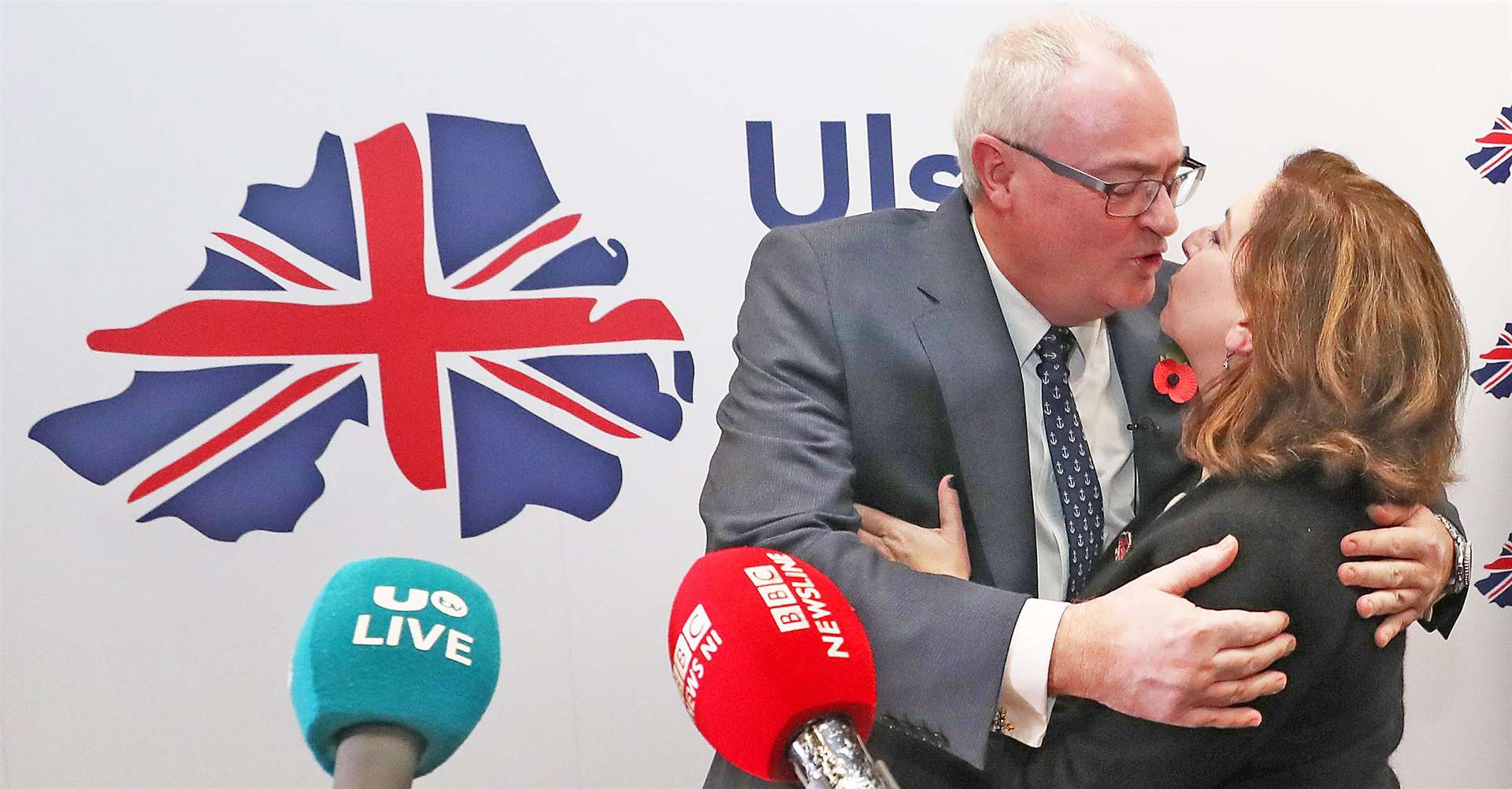 Former submariner Steve Aiken was congratulated by his wife Beth when he was confirmed as UUP leader in 2019 (PA)