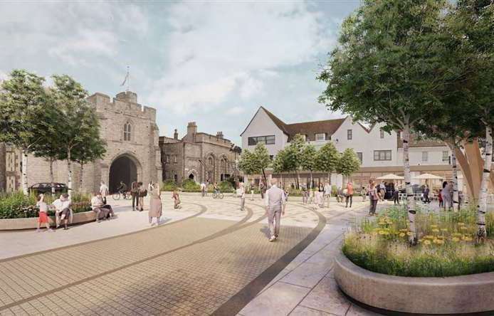 The area by Westgate Towers in Canterbury is planned to become a public square but will remain open to traffic unless special events require it to be closed off