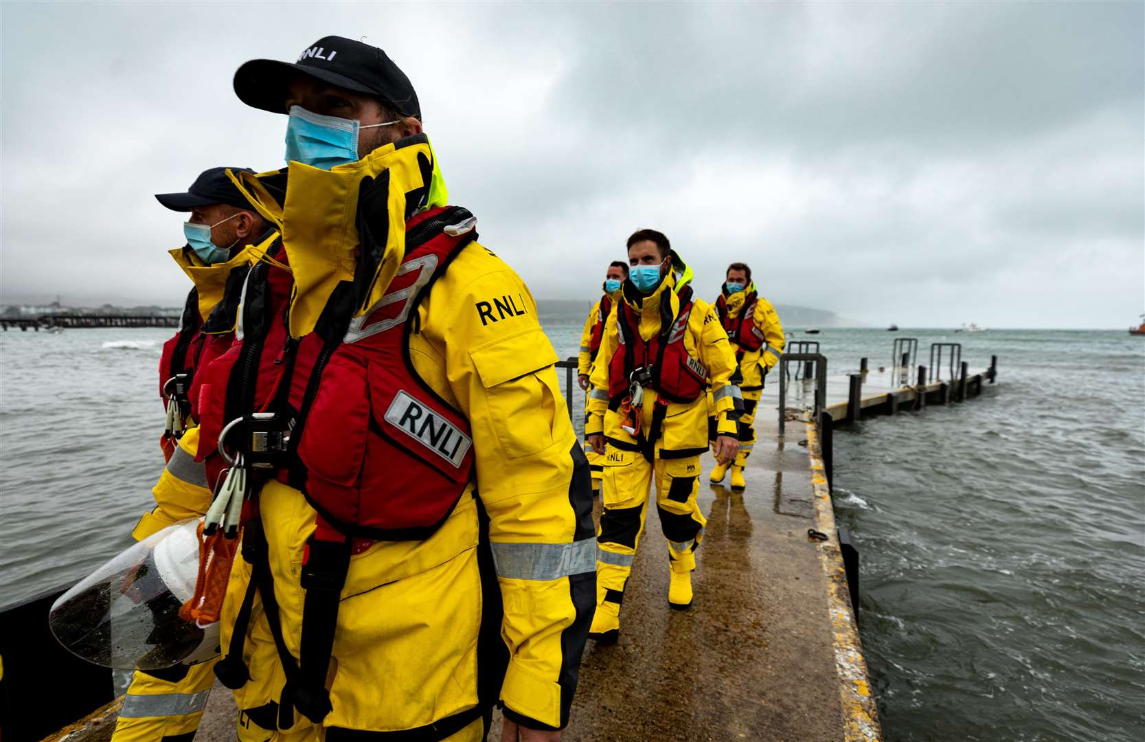 Swanage volunteer lifeboat crew members during one of the first training exercises the station held following the easing of lockdown restrictions (Nathan Williams/RNLI)