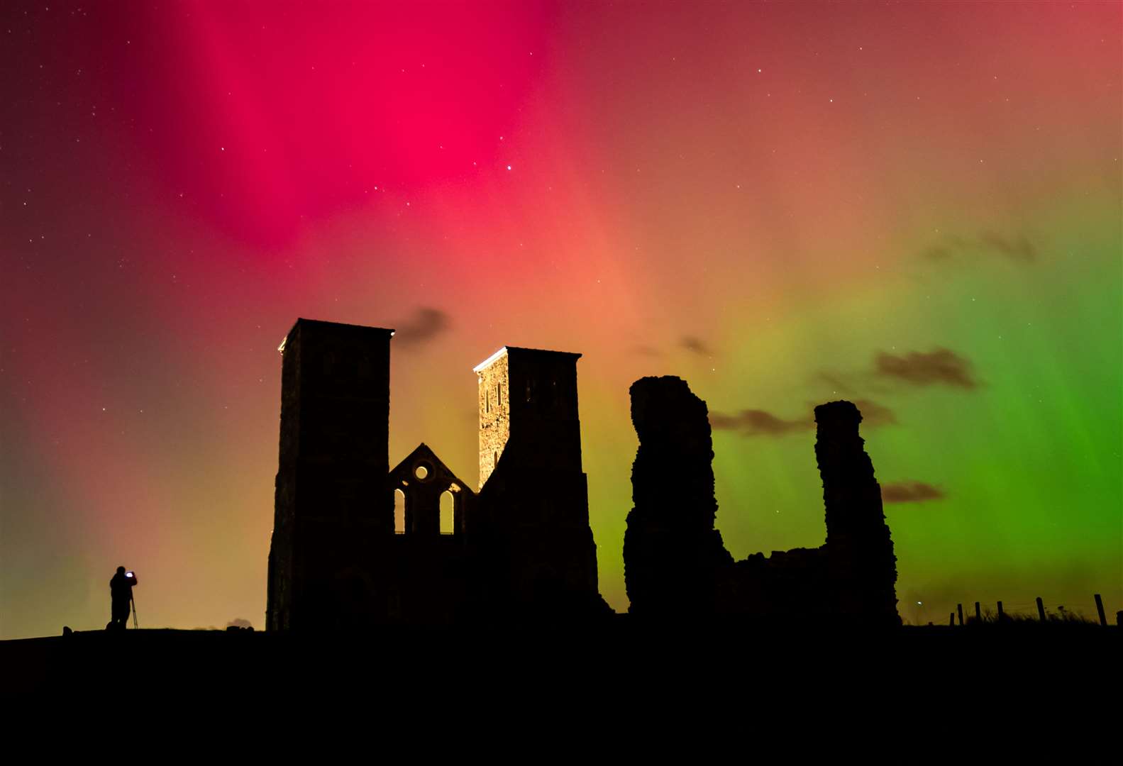 The Aurora glowing over the Reculver Towers in Herne Bay, taken by Moxeys Photography, Omri Moxey