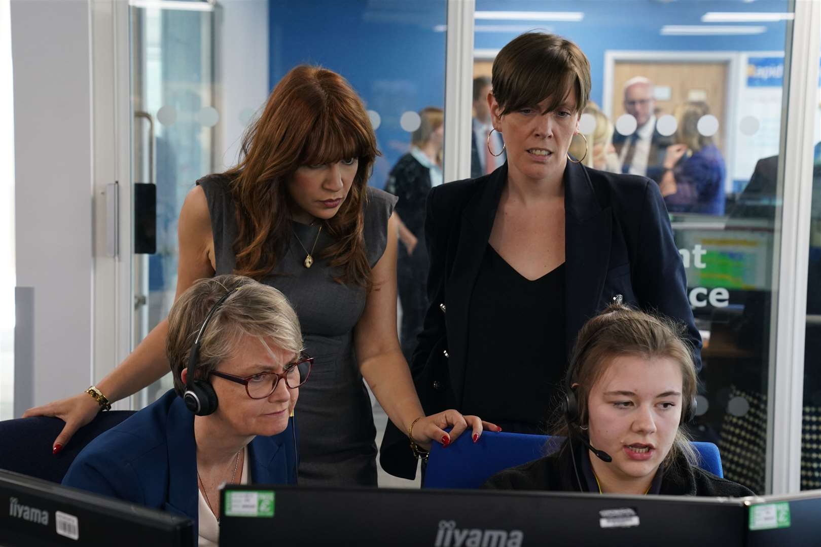 Home Secretary Yvette Cooper, safeguarding minister Jess Phillips and counsellor and campaigner Nour Norris meet 999 control handlers during a visit to Kent Police’s Coldharbour Police Complex in Aylesford (Gareth Fuller/PA)