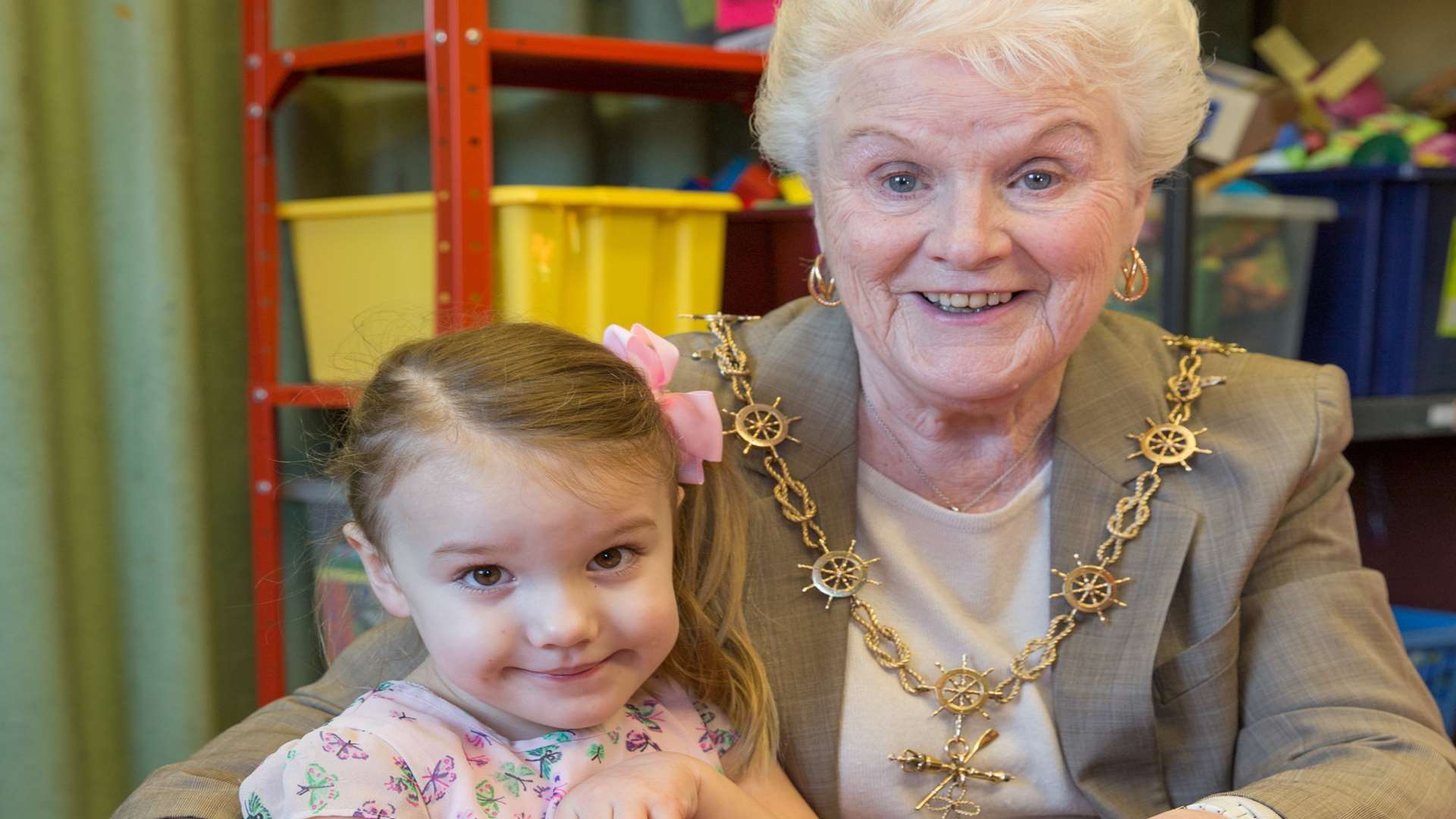 Cllr Greta Goatley makes friends with youngsters at Noah's Ark Playgroup, St George's Church Hall, Gravesend. Picture: Matthew Walker