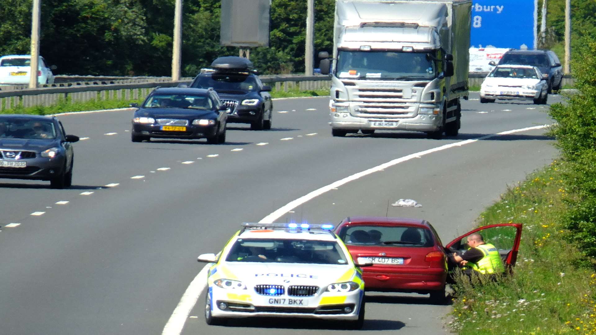 Police stop the car caught driving against the flow of traffic. Picture: Alan Watkins