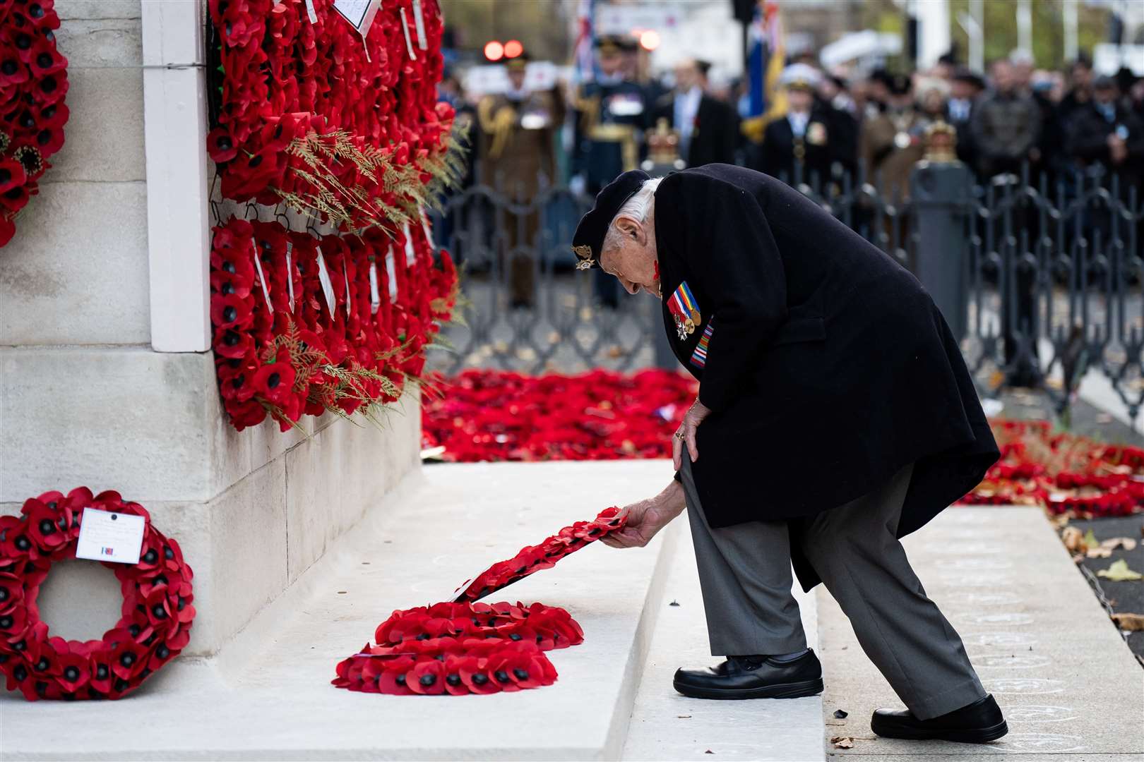 D-Day veteran Mervyn Kersh, 99, lays a wreath during the annual parade by AJEX, the Jewish Military Association (Aaron Chown/PA)