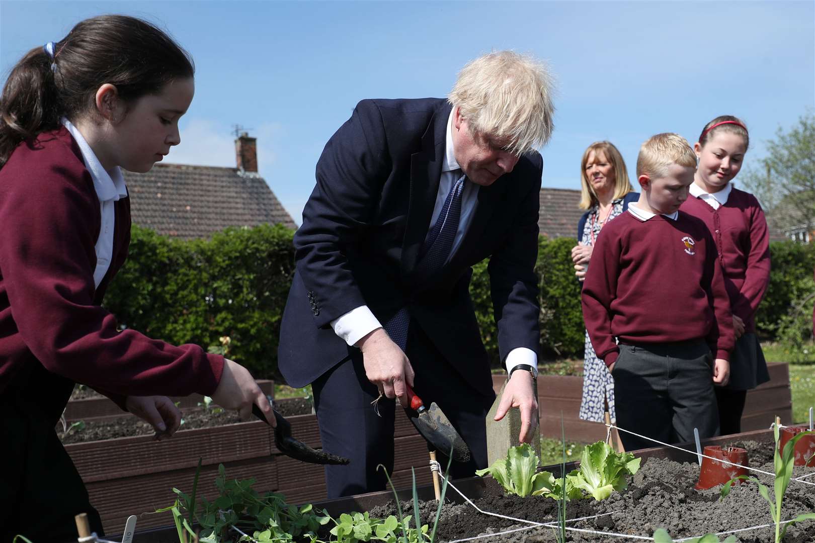 Prime Minister Boris Johnson during a visit to Cleves Cross Primary School in Ferryhill, County Durham (Scott Heppell/PA)