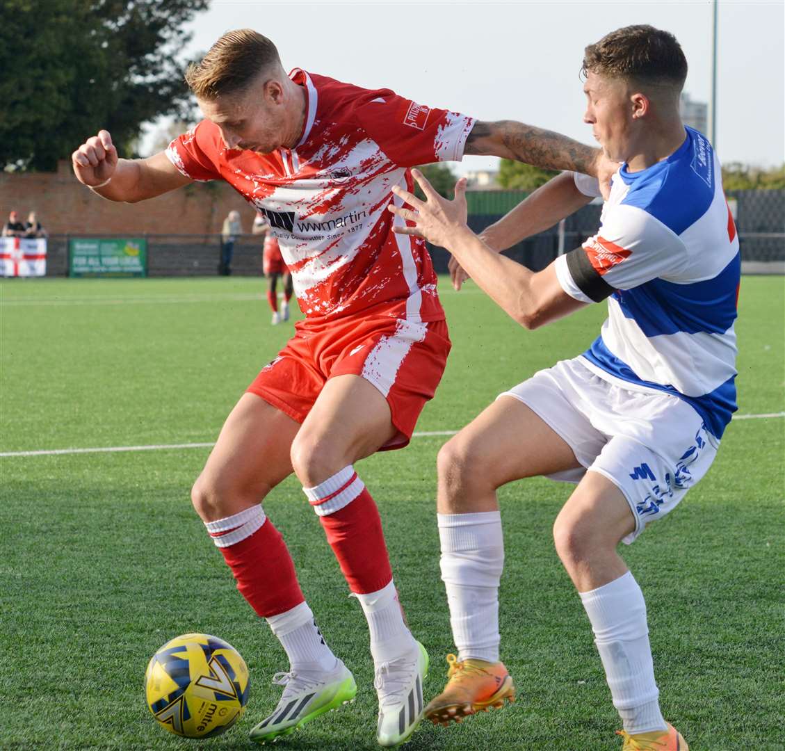 Ramsgate's Lee Martin holds the ball up during their FA Trophy Third Qualifying Round 4-1 win over Sheppey United last weekend. Picture: Randolph File