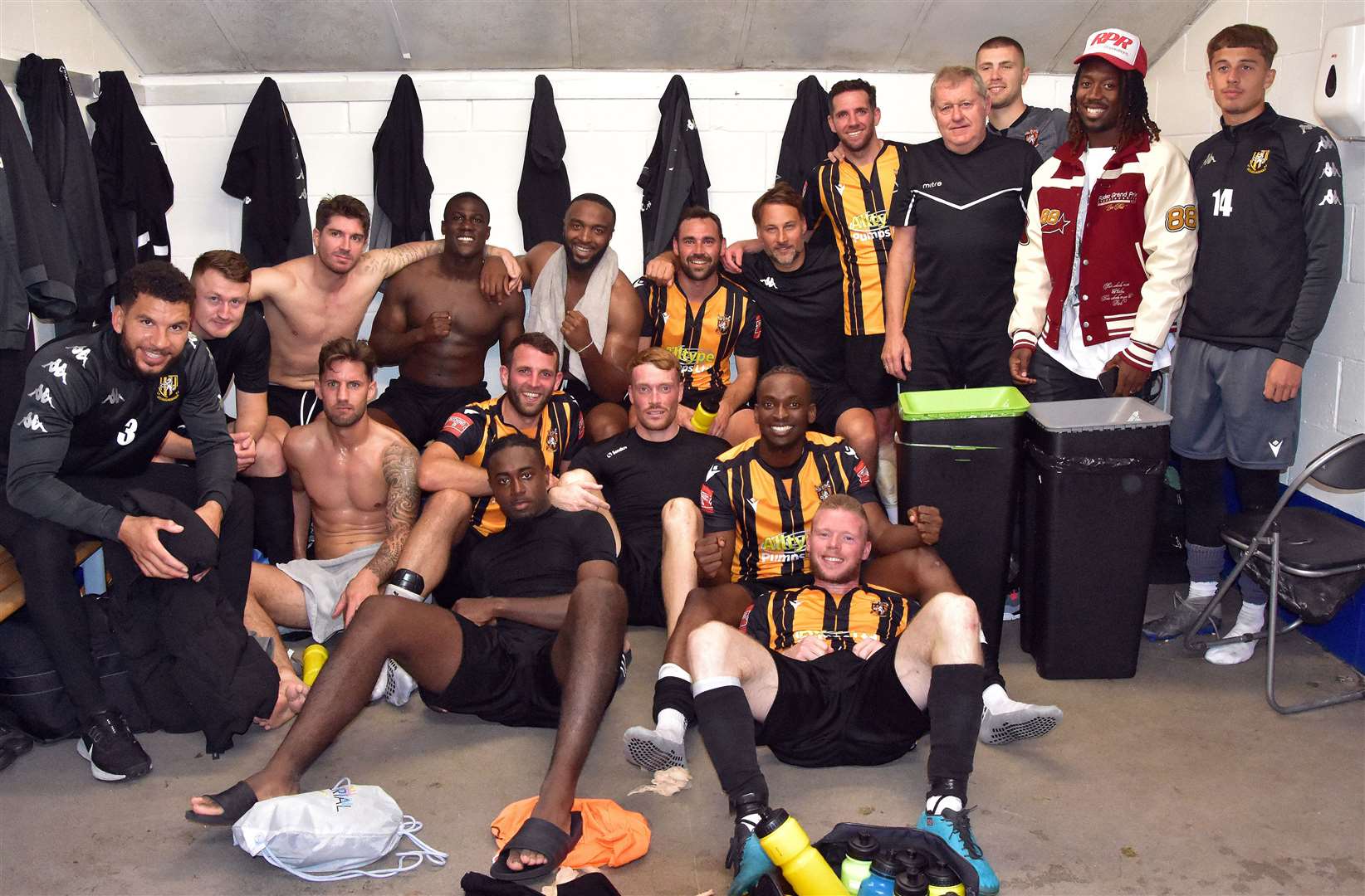 Folkestone celebrate their FA Cup Third Qualifying Round win on Saturday over higher-league Dulwich Hamlet. Picture: Randolph File