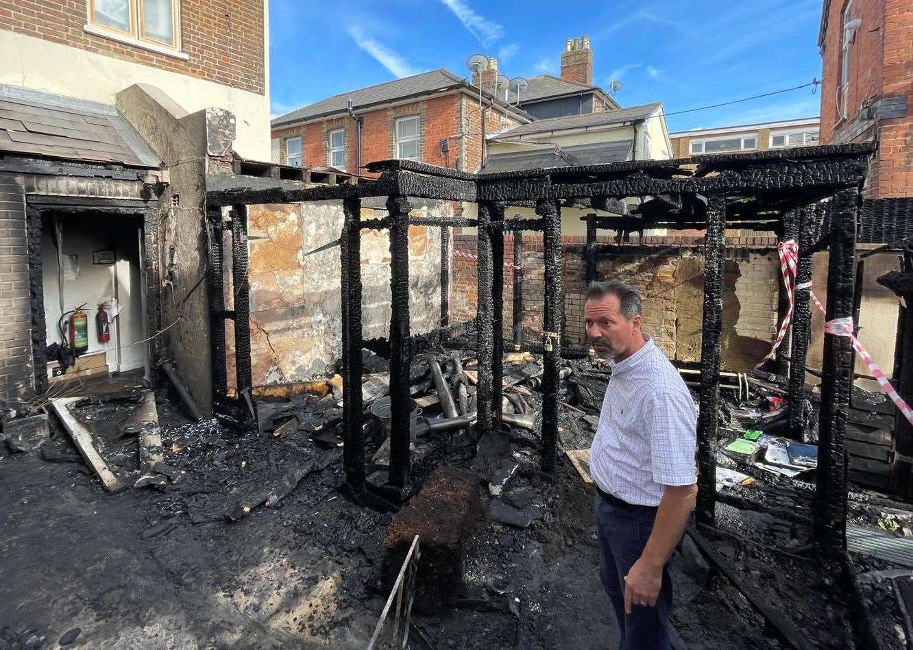 Owner Geoff Montague-Smith assessing the damage outside The Atman Clinic in Southborough, near Tunbridge Wells. Picture: Steve Morley