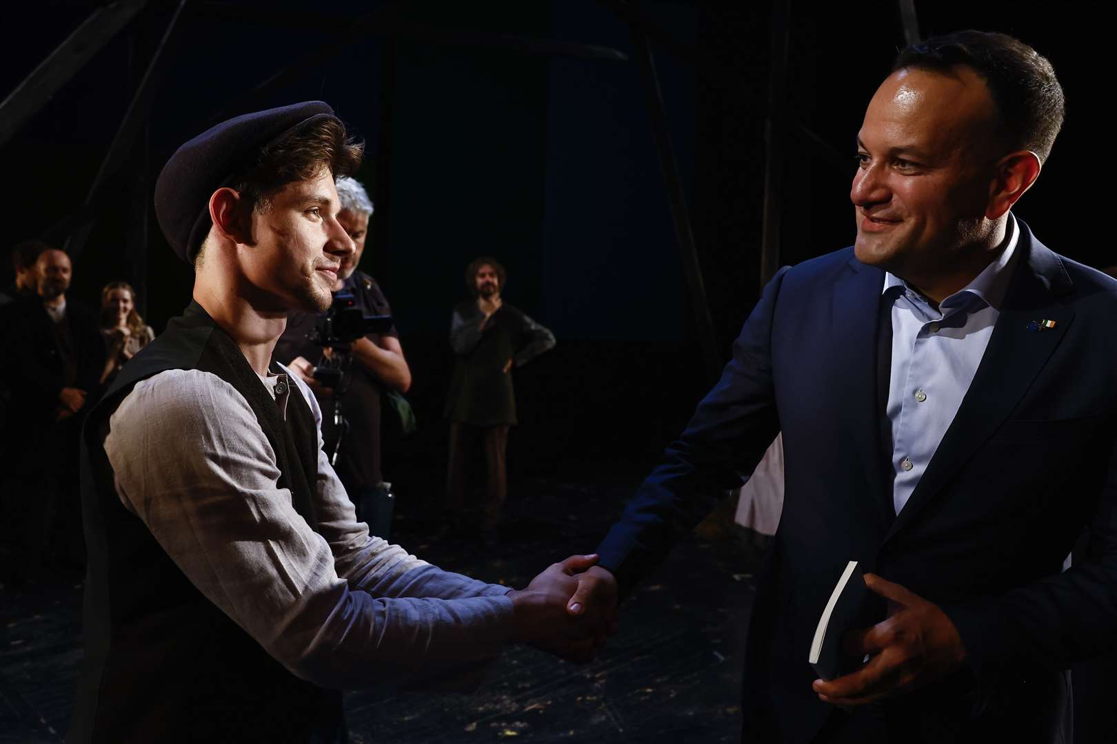 Taoiseach Leo Varadkar (right) shakes hands with actor Oleksandr Hrekov (Clodagh Kilcoyne/PA)