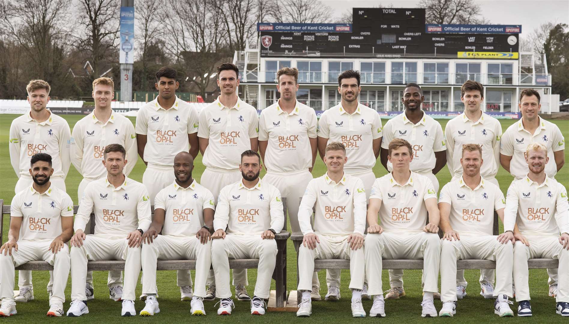 The 2023 Kent County Championship Division 1 squad. Front row, left to right, Hamid Qadri, Joe Denly, Daniel Bell-Drummond, Jack Leaning, captain Sam Billings, Zak Crawley, Ben Compton, Jordan Cox. Back row, James Logan, Joey Evison, Jas Singh, Nathan Gilchrist, Matt Quinn, Grant Stewart, Tawanda Muyeye, Marcus O'Riordan, Harry Finch. Picture: Ady Kerry