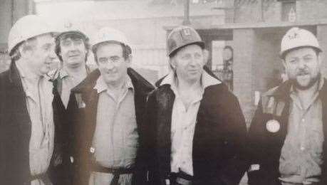 Miners' leader Arthur Scargill, second from right, visiting Snowdown in November 1983. Mr Sutcliffe is seen second from left. Picture: Aylesham Heritage Centre