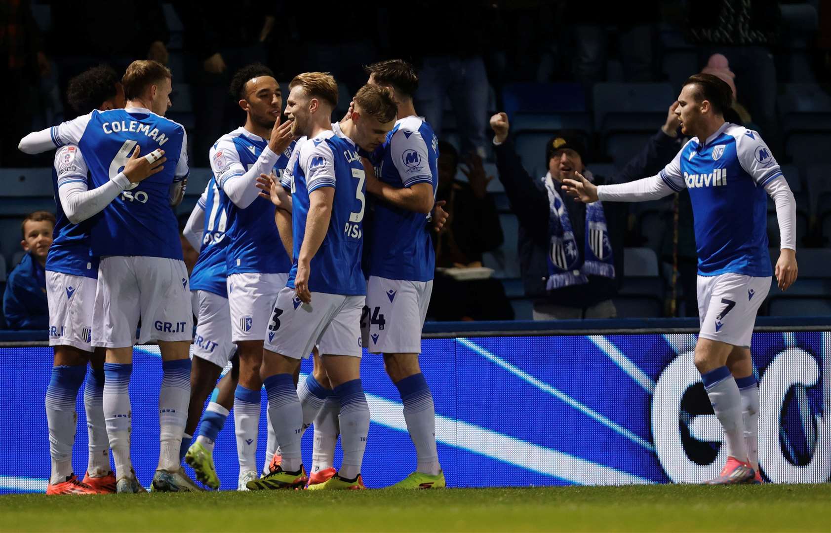 Gillingham celebrate Jayden Clarke's opener against Cheltenham Town on Friday night Picture: @Julian_KPI