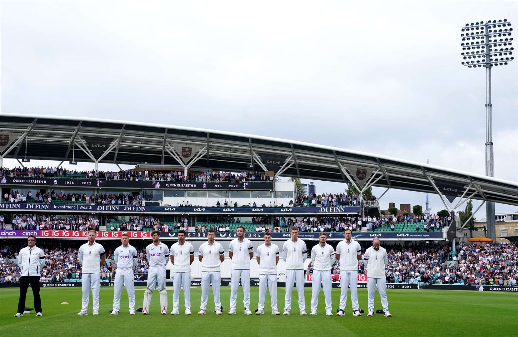 England players observe a minutes silence at the Kia Oval in London (John Walton/PA)