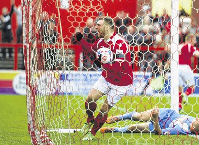 Billy Bricknell celebrates one of his 16 league goals for Ebbsfleet Picture: Andy Payton