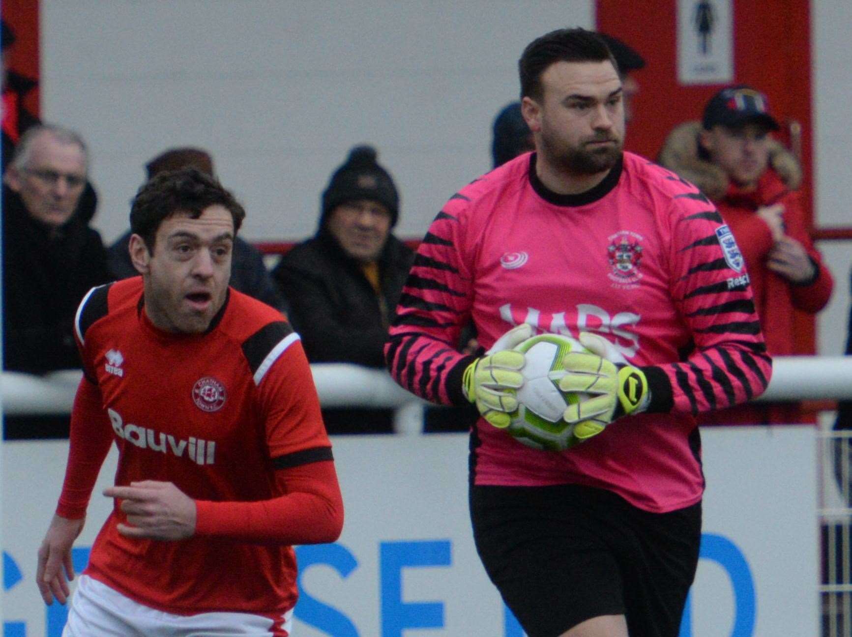 Chatham goalkeeper Dan Ellis played on with a broken leg in their FA Vase tie against Corinthian Picture: Chris Davey