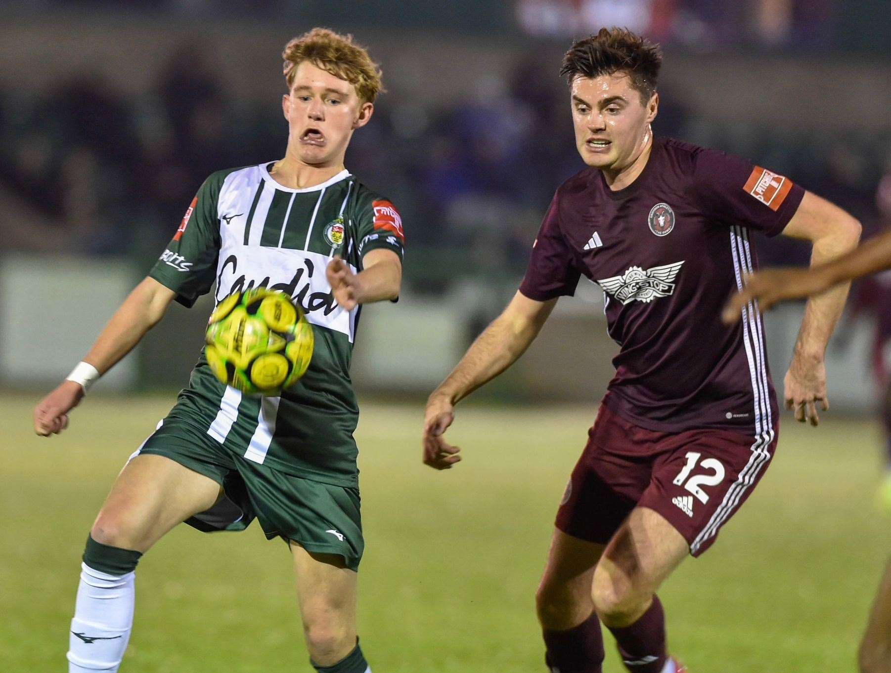 Preston Kedwell makes progress during Ashford’s draw with AFC Croydon. Picture: Ian Scammell