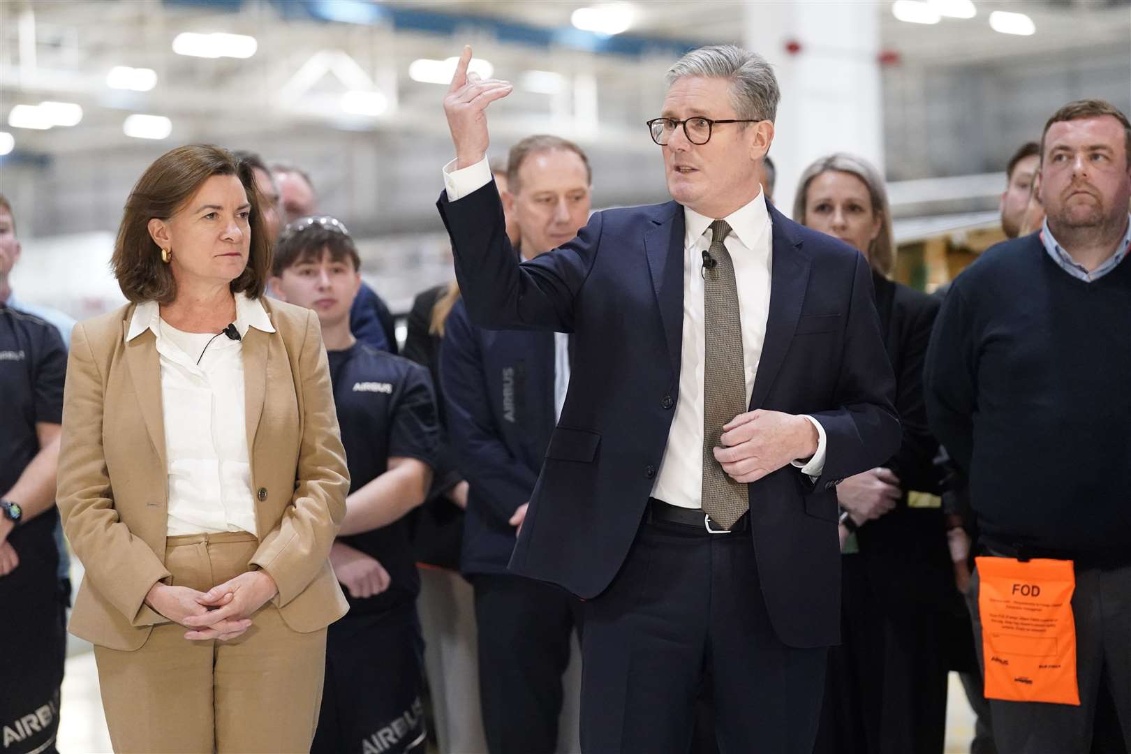 Prime Minister Sir Keir Starmer with First Minister of Wales Eluned Morgan, addressing staff during a visit to Airbus in Broughton, Flintshire on Friday (Danny Lawson/PA)