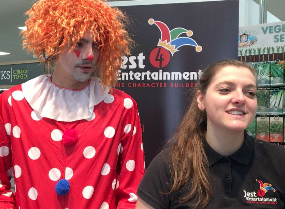 Freya Briley and a clown from Jest4Entertainment