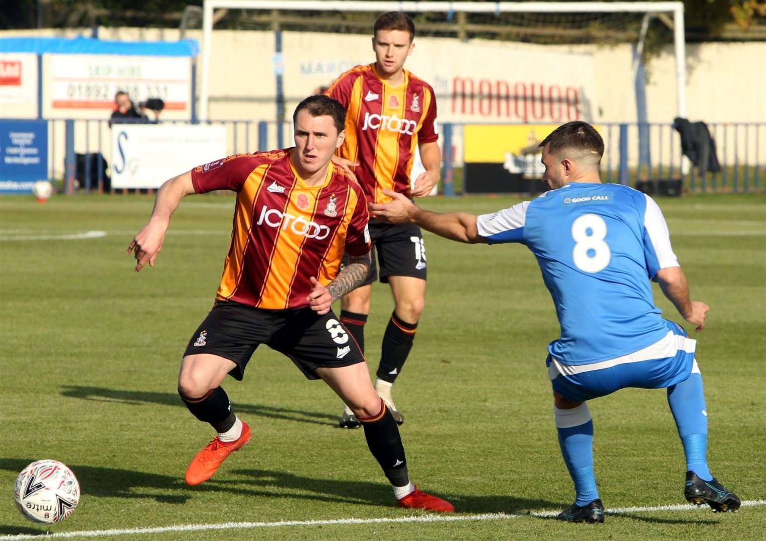 Bradford's Callum Cooke takes on Tonbridge midfielder Tom Parkinson. Picture: Dave Couldridge (43053783)